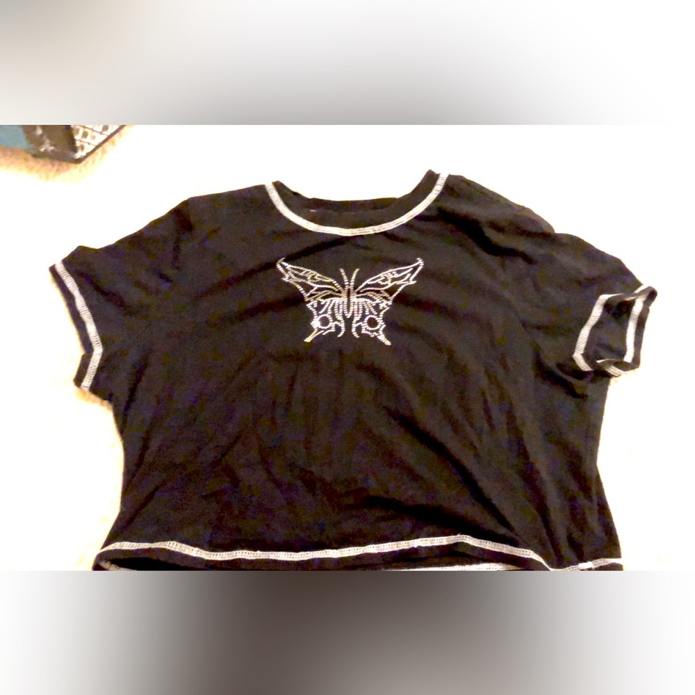 black crop top with rhinestone print of butterfly